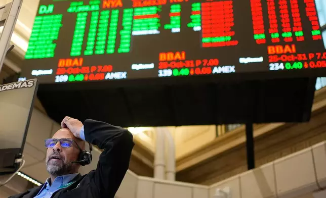 Options trader Steven Rodriguez works on the floor at the New York Stock Exchange in New York, Wednesday, Oct. 29, 2025. (AP Photo/Seth Wenig)