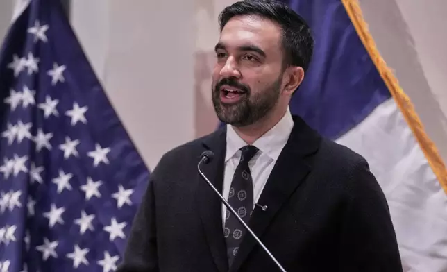 New York Mayor-elect Zohran Mamdani announces the appointment of Dean Fuleih as first deputy mayor, and Elle Bisgaard-Church as chief of staff, in New York, Monday, Nov. 10, 2025. (AP Photo/Richard Drew)