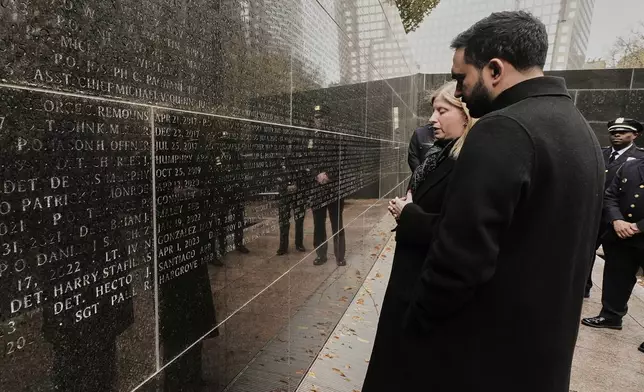 New York Mayor-elect Zohran Mamdani and New York City Police Commissioner Jessica Tisch visit the New York City Police Memorial, Wednesday, Nov. 19, 2025. (AP Photo/Richard Drew)