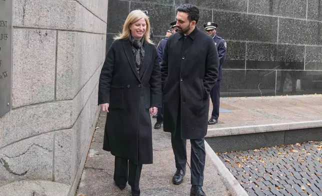 New York Mayor-elect Zohran Mamdani and New York City Police Commissioner Jessica Tisch visit the New York City Police Memorial, Wednesday, Nov. 19, 2025. (AP Photo/Richard Drew)