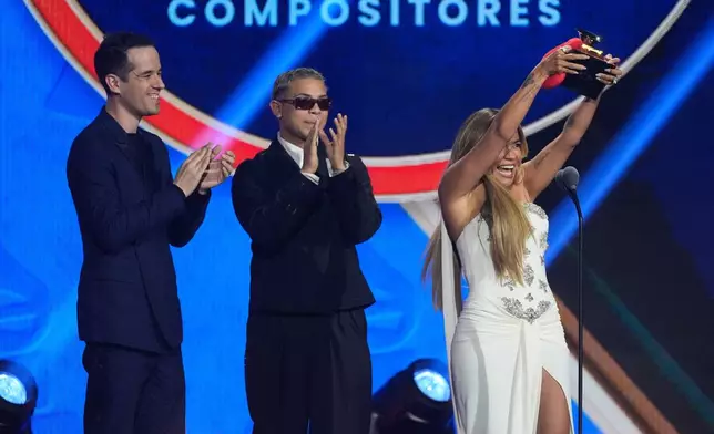 Karol G accepts the award for song of the year for "Si Antes Te Hubiera Conocido" during the 2025 Latin Grammys on Thursday, Nov. 13, 2025, at MGM Grand in Las Vegas. (AP Photo/Chris Pizzello)