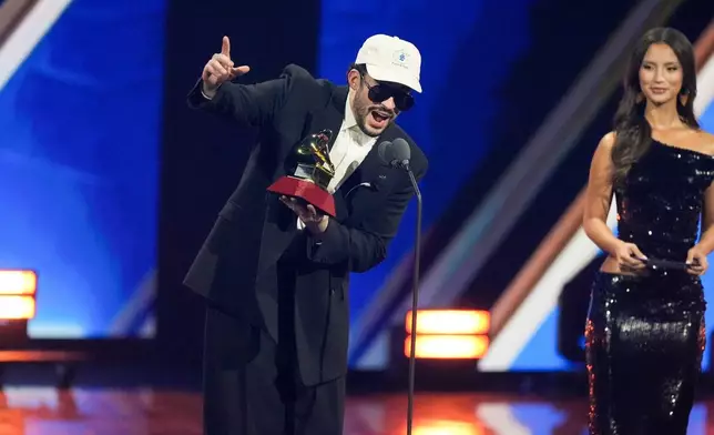 Bad Bunny accepts the award for Album of the Year during the 2025 Latin Grammys on Thursday, Nov. 13, 2025, at MGM Grand in Las Vegas. (AP Photo/Chris Pizzello)