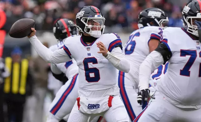 New York Giants quarterback Jaxson Dart (6) looks to throw during the first half of an NFL football game against the Chicago Bears, Sunday, Nov. 9, 2025, in Chicago. (AP Photo/Nam Y. Huh)