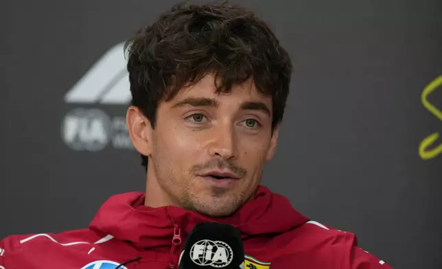 Ferrari driver Charles Leclerc, of Monaco, speaks during a press conference ahead of the Brazilian Formula One Grand Prix at the Interlagos race track in Sao Paulo, Thursday, Nov. 6, 2025. (AP Photo/Andre Penner)