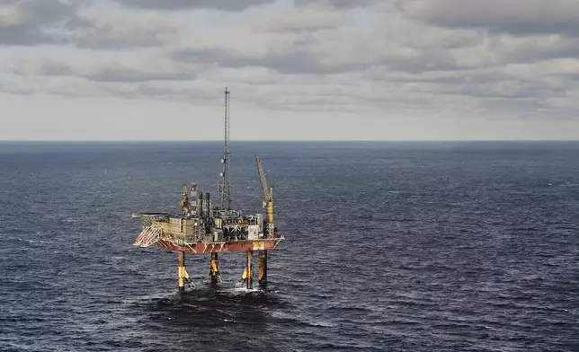 The INEOS Energy's Siri platform seen from a helicopter above the North Sea, Denmark, Tuesday, Nov. 25, 2025. (AP Photo/James Brooks)