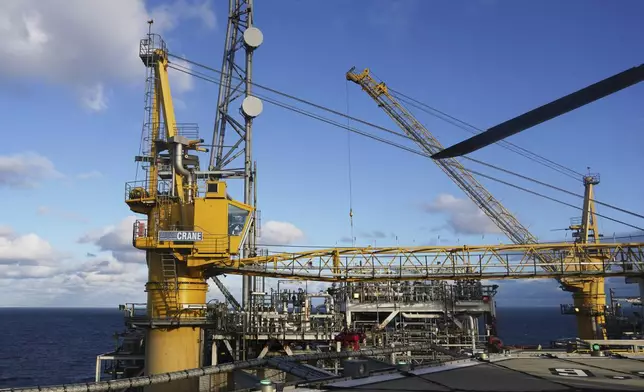 Technical equipment of the INEOS Energy's Siri platform is seen from the helicopter pad at the platform in the North Sea, Denmark, Tuesday, Nov. 25, 2025. (AP Photo/James Brooks)