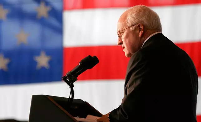 FILE - Vice President Dick Cheney delivers his speech to troops at Fairchild Air Force base on Monday, April 17, 2006 in Spokane, Wash. (AP Photo/Dustin Snipes, file)