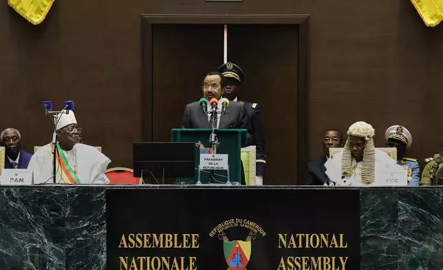 Cameroonian President Paul Biya, front center, delivers his inaugural address after being sworn in for a new term at the National Assembly in Yaounde, Cameroon, Thursday, Nov. 6, 2025. (AP Photo/Angel Ngwe)
