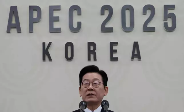 South Korean President Lee Jae Myung speaks during a press conference for the South Korea Asia-Pacific Economic Cooperation (APEC) Summit in Gyeongju, South Korea, Saturday, Nov. 1, 2025. (AP Photo/Ahn Young-joon)