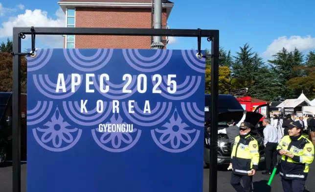 South Korean police officers patrol near the venue of the 2025 Asia-Pacific Economic Cooperation (APEC) Summit in Gyeongju, South Korea, Friday, Oct. 31, 2025. (AP Photo/Ahn Young-joon)