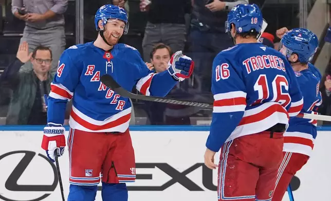 New York Rangers' Vladislav Gavrikov celebrates with teammates after scoring a goal during the first period of an NHL hockey game against the Nashville Predators Monday, Nov. 10, 2025, in New York. (AP Photo/Frank Franklin II)
