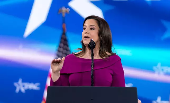 FILE - Rep. Elise Stefanik, R-NY., speaks at the Conservative Political Action Conference, CPAC, at the Gaylord National Resort &amp; Convention Center, Feb. 22, 2025, in Oxon Hill, Md. (AP Photo/Jose Luis Magana, File)