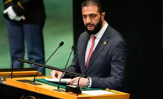 FILE - Syria President Ahmad Al-Sharaa speaks during the 80th session of the United Nations General Assembly, Sept. 24, 2025, at U.N. headquarters. (AP Photo/Yuki Iwamura, File)