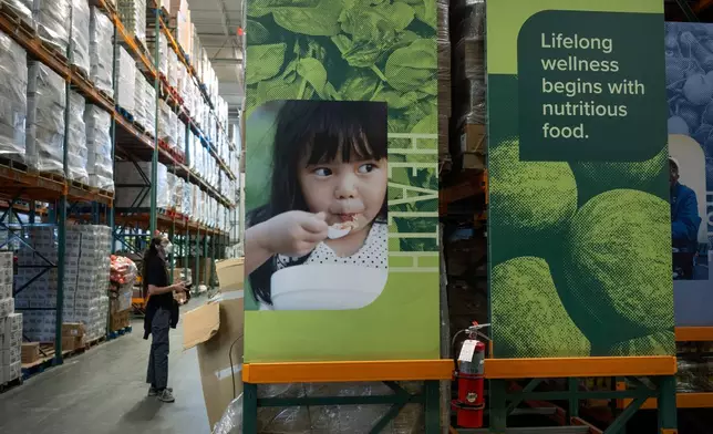 An employee checks inventory at a warehouse of the Capital Area Food Bank, Thursday, Nov. 6, 2025, in Washington. (AP Photo/Mark Schiefelbein)