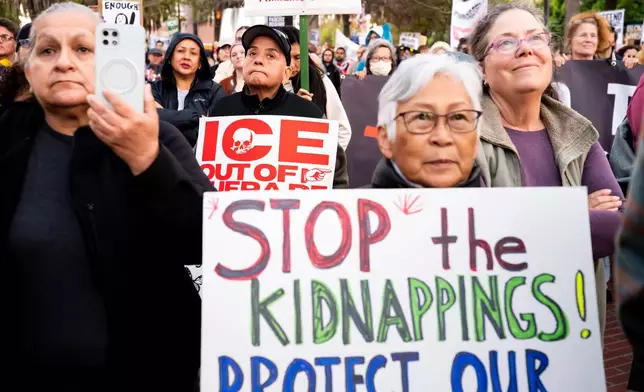 FILE - Protesters rally against immigration raids in San Francisco on Thursday, Oct. 23, 2025. (AP Photo/Noah Berger, File)
