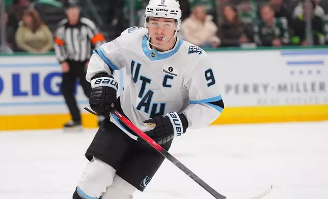 Utah Mammoth right wing Clayton Keller skates during the first period of an NHL hockey game against the Dallas Stars, Friday, Nov. 28, 2025, in Dallas. (AP Photo/LM Otero)