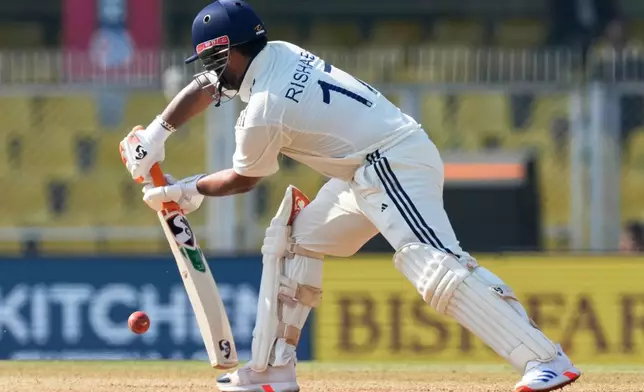 India's captain Rishab Pant plays a shot on the fifth day of the second cricket test match between India and South Africa in Guwahati, India, Saturday, Nov. 22, 2025. (AP Photo/Anupam Nath)
