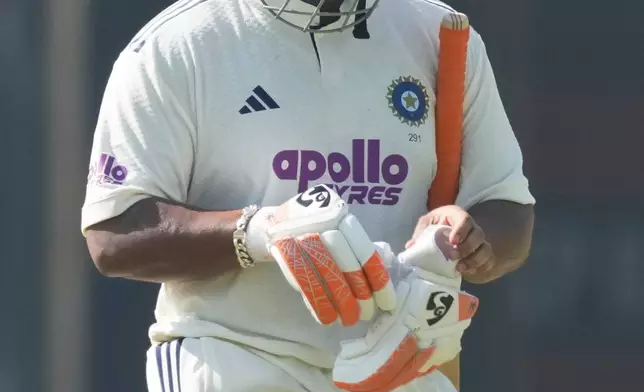 India's captain Rishab Pant walks off the field after losing his wicket on the fifth day of the second cricket test match between India and South Africa in Guwahati, India, Saturday, Nov. 22, 2025. (AP Photo/Anupam Nath)