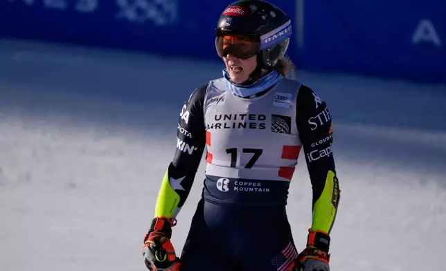 United States' Mikaela Shiffrin reacts after her run during a World Cup women's giant slalom skiing race, Saturday, Nov. 29, 2025, in Copper Mountain. (AP Photo/Robert F. Bukaty)