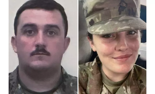 This photo combo shows, National Guard members, from left, Staff Sgt. Andrew Wolfe and Specialist Sarah Beckstrom on Thursday, Nov. 27, 2025. (U.S. Attorney’s Office via AP)