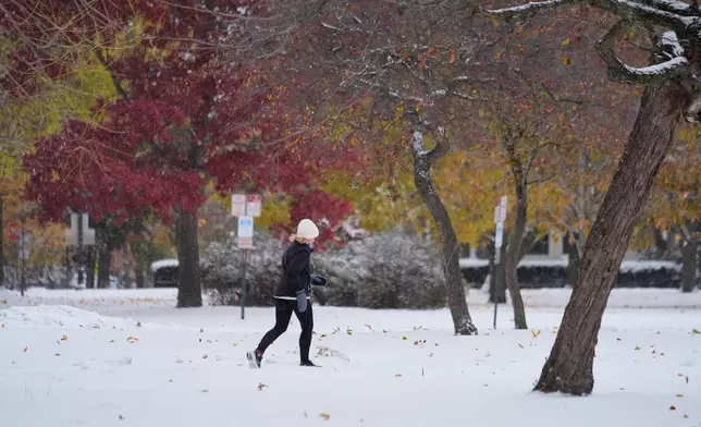 A person jogs as snow covers the ground with fall colors on the trees in Evanston, Ill., a suburb of Chicago, Monday, Nov. 10, 2025. (AP Photo/Kiichiro Sato)