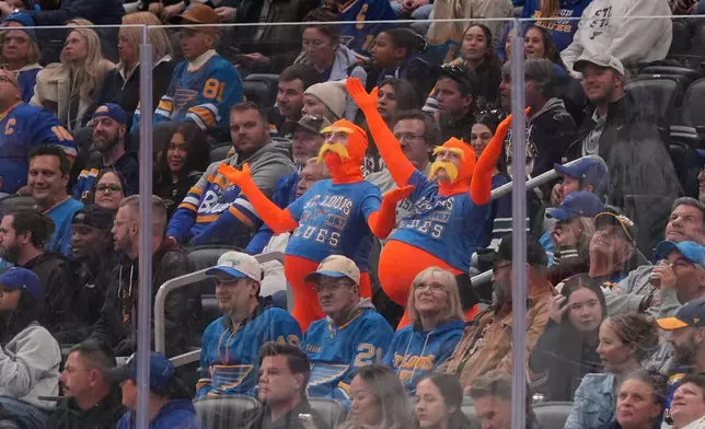 Fans are dressed in costumes for Halloween during the first period of an NHL hockey game between the St. Louis Blues and the Vancouver Canucks Thursday, Oct. 30, 2025, in St. Louis. (AP Photo/Jeff Roberson)