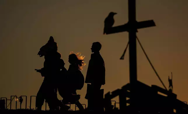 People wearing costumes are silhouetted against the sunset sky at the West Side Hallo Fest, the country's largest Halloween festival in Bucharest, Romania, Friday, Oct. 24, 2025. (AP Photo/Andreea Alexandru)
