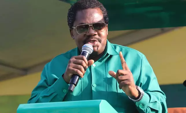 Tanzania's Vice President Emmanuel Nchimbi delivers his speech during a campaign rally in Dodoma, Tanzania, Saturday, Sept. 27, 2025. (AP Photo)