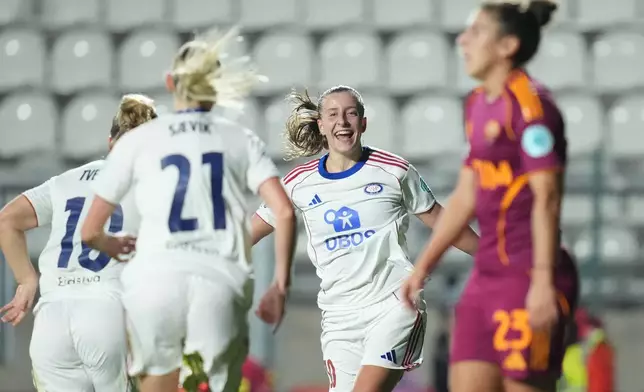 Valerenga's Stine Brekken, center, celebrates after scoring during the women's Champions League soccer match between Roma and Valerenga, in Rome, Tuesday, Nov. 11, 2025. (Alfredo Falcone/LaPresse via AP)