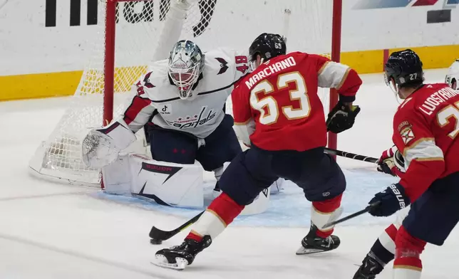 Florida Panthers left wing Brad Marchand (63) aims a shot as Washington Capitals goaltender Logan Thompson (48) defends the net during the first period of an NHL hockey game, Thursday, Nov. 13, 2025, in Sunrise, Fla. (AP Photo/Marta Lavandier)
