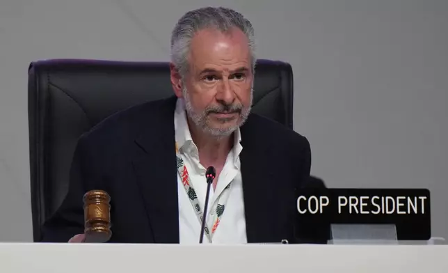 André Corrêa do Lago, COP30 president, bangs a gavel during a plenary session at the COP30 U.N. Climate Summit, Saturday, Nov. 22, 2025, in Belem, Brazil. (AP Photo/Fernando Llano)