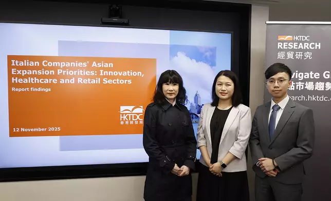 (From left) Director of HKTDC Research Irina Fan, Principal Economist (Global Research
   Team) Alice Tsang and Senior Economist (Global Research Team) Simeon Woo
   previewed findings of a new report – Italian Companies’ Asian Expansion Priorities:
   Innovation, Healthcare and Retail Sectors – at a press conference today