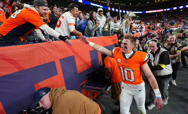 Denver Broncos quarterback Bo Nix celebrates following an NFL football game against the Kansas City Chiefs Sunday, Nov. 16, 2025, in Denver. (AP Photo/Jack Dempsey)