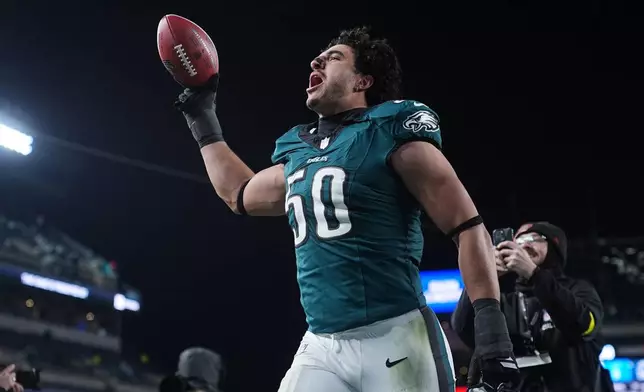 Philadelphia Eagles linebacker Jaelan Phillips celebrates after an NFL football game against the Detroit Lions on Sunday, Nov. 16, 2025, in Philadelphia. (AP Photo/Matt Rourke)