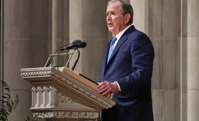 Former President George W. Bush, speaks a tribute during the funeral service for former Vice President Dick Cheney at the Washington National Cathedral, Thursday, Nov. 20, 2025 in Washington. (AP Photo/Matt Rourke)