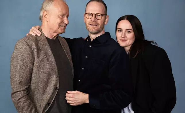 Stellan Skarsgard, from left, Joachim Trier and Renate Reinsve pose for a portrait to promote "Sentimental Value" on Tuesday, Nov. 4, 2025, in Los Angeles. (Photo by Rebecca Cabage/Invision/AP)