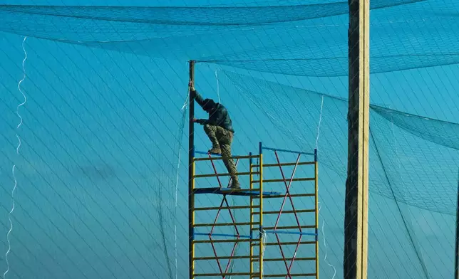 A worker installs an anti-FPV-drone net above the road at the approaches to the frontline city of Kherson, Southern Ukraine, Monday, Nov. 3, 2025. (AP Photo/Efrem Lukatsky)