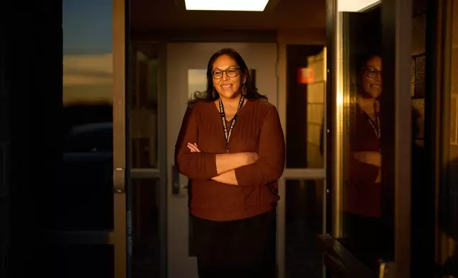 Twyla Baker, president of the Nueta Hidatsa Sahnish College, poses for a portrait at the school Wednesday, Oct. 29, 2025, in New Town, N.D. (AP Photo/John Locher)