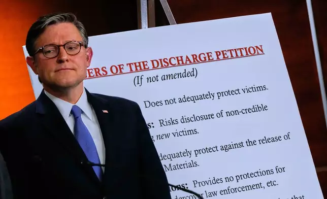 Speaker of the House Mike Johnson, R-La., attends a news conference on the Epstein Files Transparency Act, Tuesday, Nov. 18, 2025, at the U.S. Capitol in Washington. (AP Photo/Julia Demaree Nikhinson)