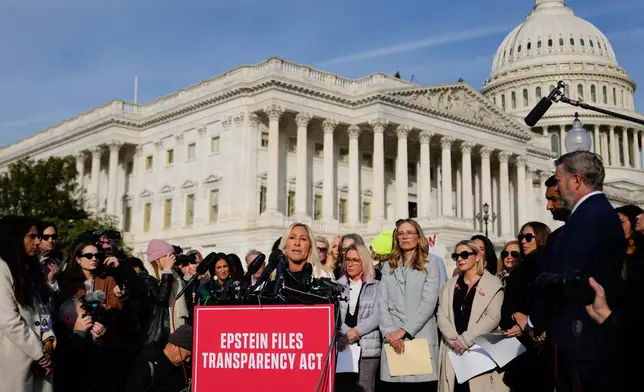 Rep. Marjorie Taylor Greene, R-Ga., speaks during a news conference on the Epstein Files Transparency Act, Tuesday, Nov. 18, 2025, outside the U.S. Capitol in Washington. (AP Photo/Julia Demaree Nikhinson)