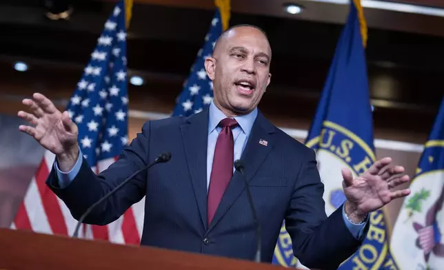 House Minority Leader Hakeem Jeffries, D-N.Y., speaks to reporters as the House heads toward a vote on a bill to force the Justice Department to release the case files it has collected on the late financier Jeffrey Epstein at the Capitol in Washington, Monday, Nov. 17, 2025. (AP Photo/J. Scott Applewhite)