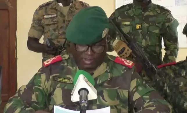 Dinis N’Tchama, military spokesperson, speaks on Wednesday, Nov. 26, 2025 in Bissau, Guinea-Bissau. (TGB Guinea-Bissau via AP)