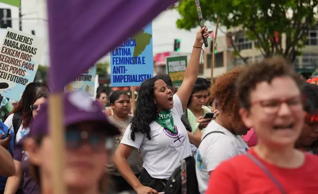 Activists participate in a climate protest during the COP30 U.N. Climate Summit, Saturday, Nov. 15, 2025, in Belem, Brazil. (AP Photo/Joshua A. Bickel)