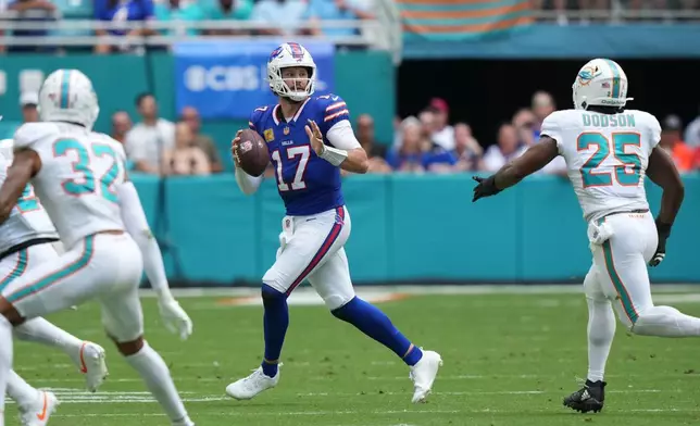 Buffalo Bills quarterback Josh Allen (17) looks to throw during the first half of an NFL football game against the Miami Dolphins, Sunday, Nov. 9, 2025, in Miami Gardens, Fla. (AP Photo/Lynne Sladky)