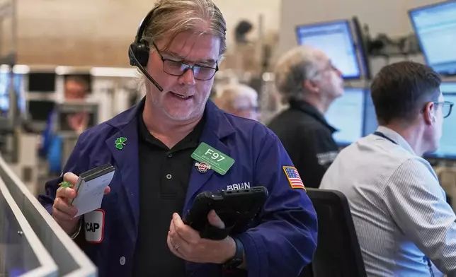 Options trader Brian Garvey works on the floor of the New York Stock Exchange, Thursday, Nov. 6, 2025. (AP Photo/Richard Drew)
