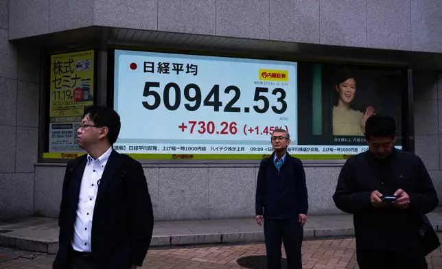 Pedestrians pass an electronic stock board showing Japan's Nikkei index at a securities firm in Tokyo, Thursday, Nov. 6, 2025. (AP Photo/Louise Delmotte)