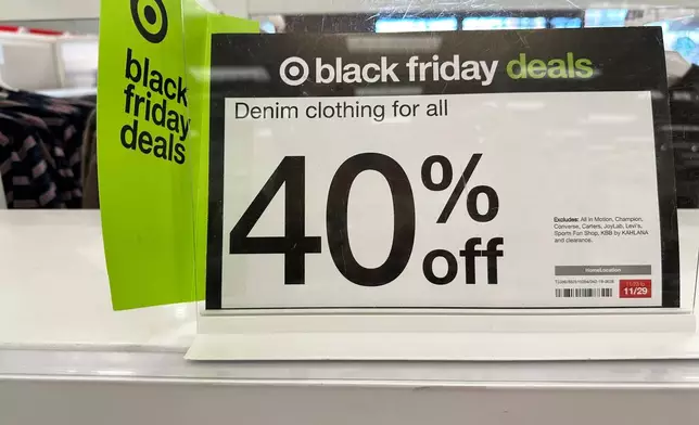 Signs denote Black Friday deals already available on clothing in a Target store, Wednesday, Nov. 26, 2025, in southeast Denver. (AP Photo/David Zalubowski)
