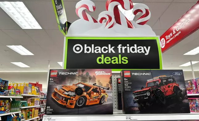 Sign marks special prices on toys as retailers roll out Black Friday deals, Wednesday, Nov. 26, 2025, in a Target store in southeast Denver. (AP Photo/David Zalubowski)