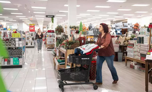 Jenny Poole pushes a shopping cart at Kohl's on Black Friday, Jenny has shopped at this Kohls on Black Friday every year for the last 10 years, Friday, Nov. 28, 2025, in Woodstock, Ga. (AP Photo/Megan Varner)