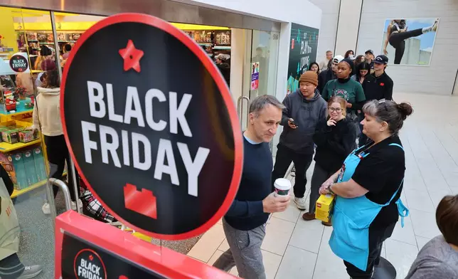 Shoppers wait in lines before they browse through stores at Mall of America for Black Friday deals, Friday, Nov. 28, 2025, in Bloomington, Minn. (AP Photo/Adam Bettcher)